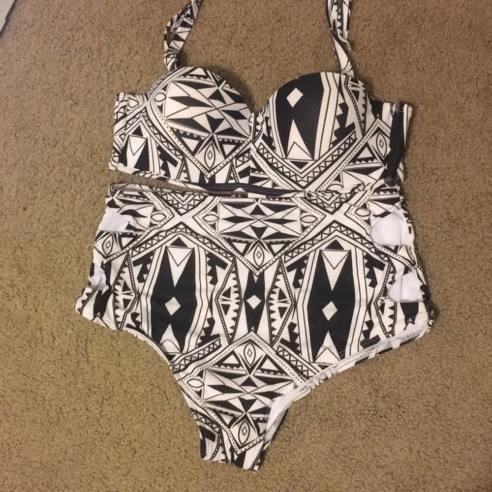 High waisted black and white halter bathing suit